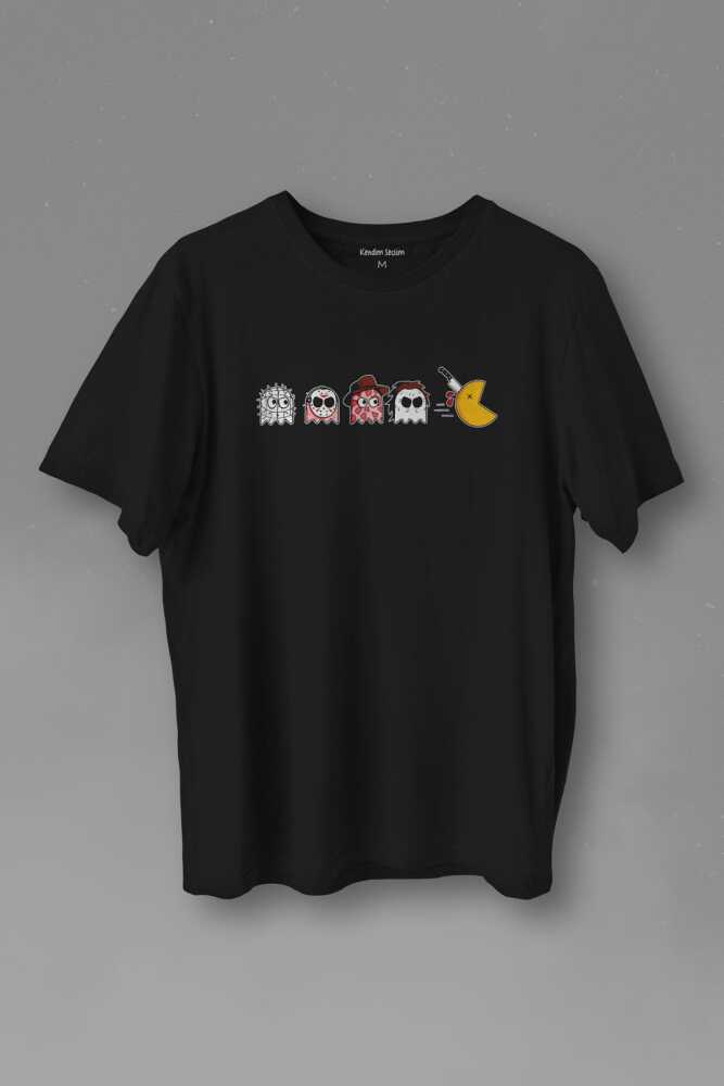 Unisex T-shirt Among Us Pacman Hallowen Korku Film Oyun  Siyah Baskılı Tişört