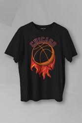 Unisex T-shirt Basketbol Spor Basketball Chicago Yazı Siyah Baskılı Tişört - Thumbnail