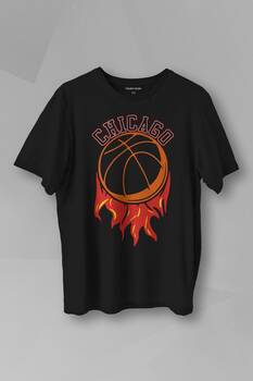 Unisex T-shirt Basketbol Spor Basketball Chicago Yazı Siyah Baskılı Tişört
