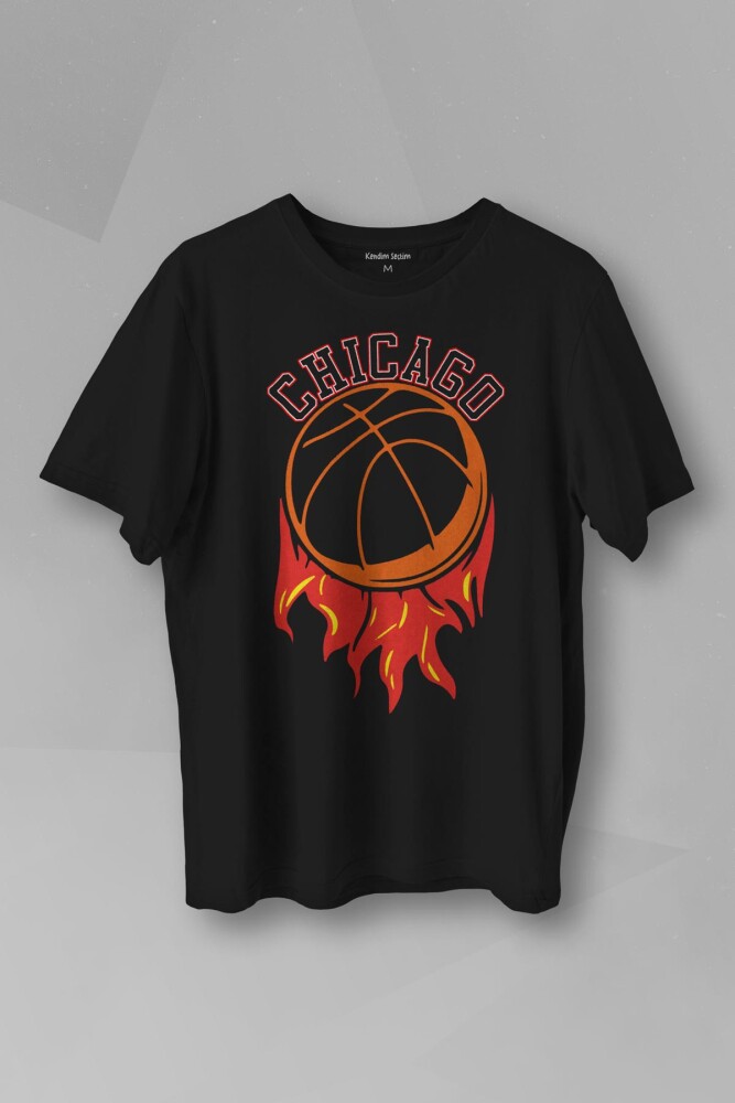 Unisex T-shirt Basketbol Spor Basketball Chicago Yazı Siyah Baskılı Tişört - KENDİM SEÇTİM