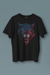 Unisex T-shirt Bordo Mavi Kurt Wolf Red Blue Siyah Baskılı Tişört - Thumbnail