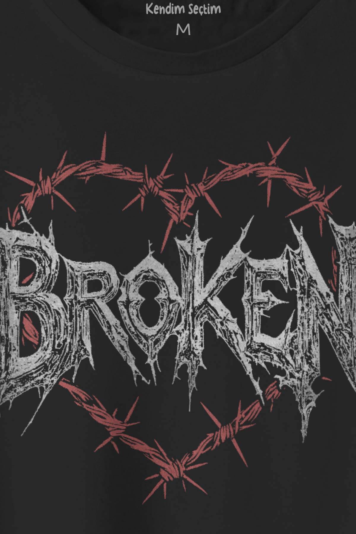 Unisex T-shirt Broken Hearts Gothic Gotik Sevgili Y2K Yazı Baskılı Siyah Tişört (1)