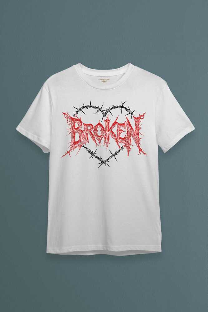 Unisex T-shirt Broken Hearts Gothic Y2K Yazı Baskılı Beyaz Tişört - 1