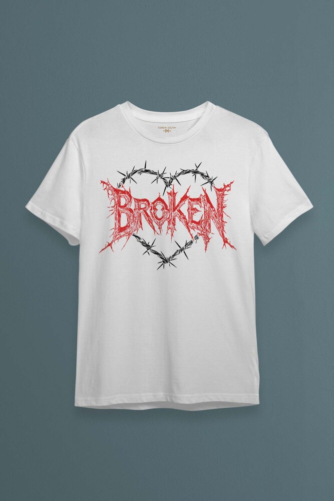 Unisex T-shirt Broken Hearts Gothic Y2K Yazı Baskılı Beyaz Tişört - 1