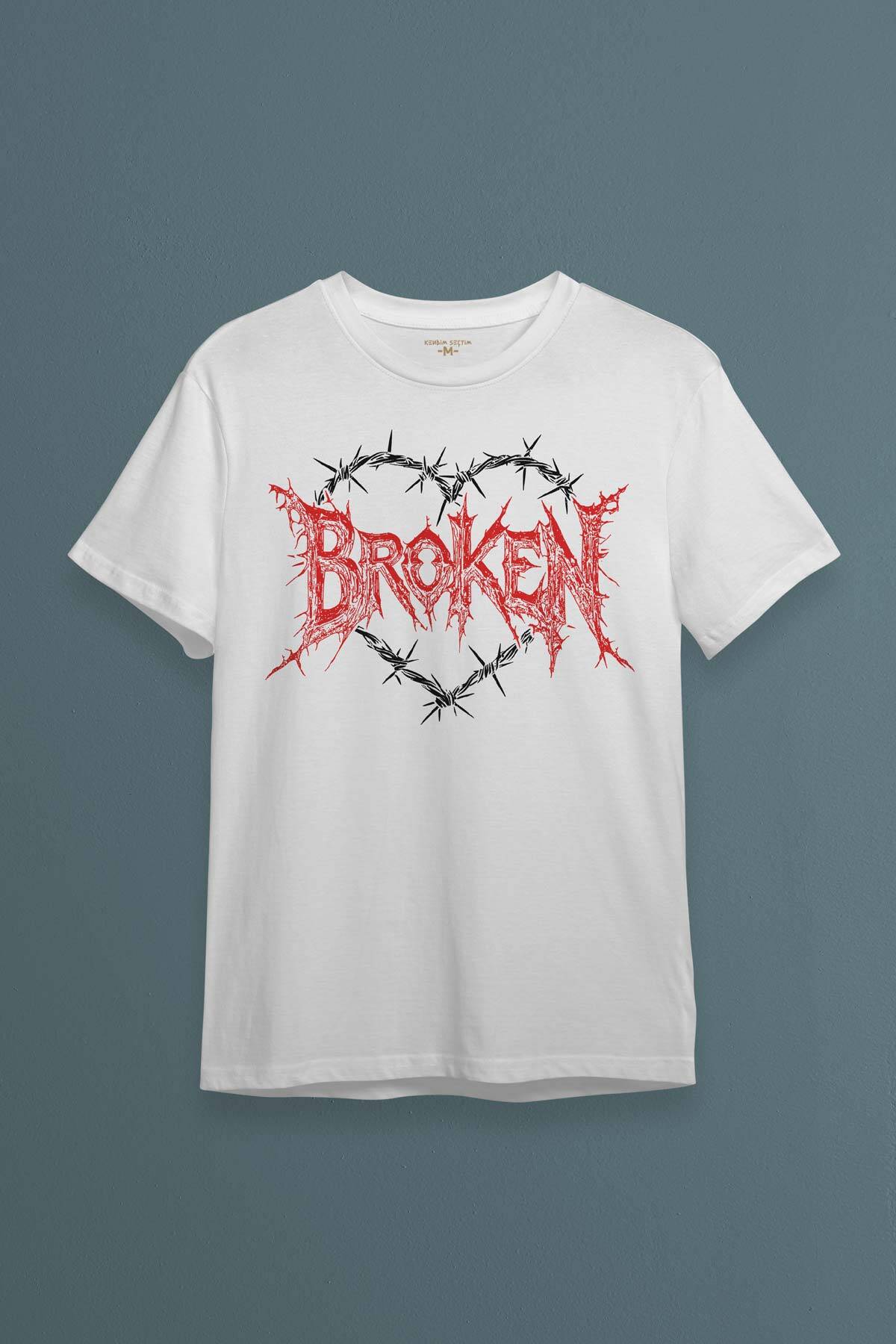 Unisex T-shirt Broken Hearts Gothic Y2K Yazı Baskılı Beyaz Tişört - 1