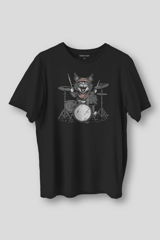 Unisex T-shirt Drummer Cat Kedi Davulcu Müzik Music Drum Cute Baskılı Siyah Tişört - 1