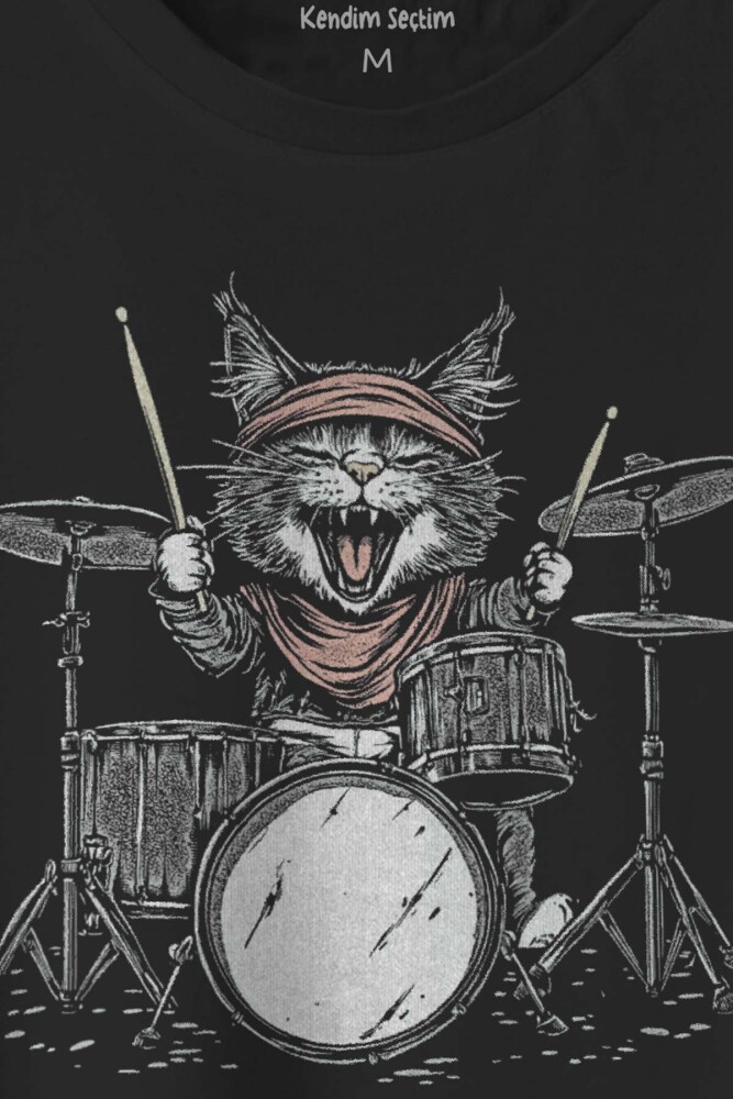 Unisex T-shirt Drummer Cat Kedi Davulcu Müzik Music Drum Cute Baskılı Siyah Tişört - 3