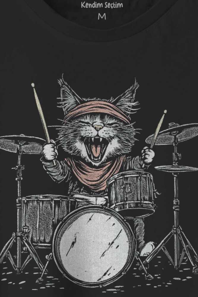 Unisex T-shirt Drummer Cat Kedi Davulcu Müzik Music Drum Cute Baskılı Siyah Tişört - 3
