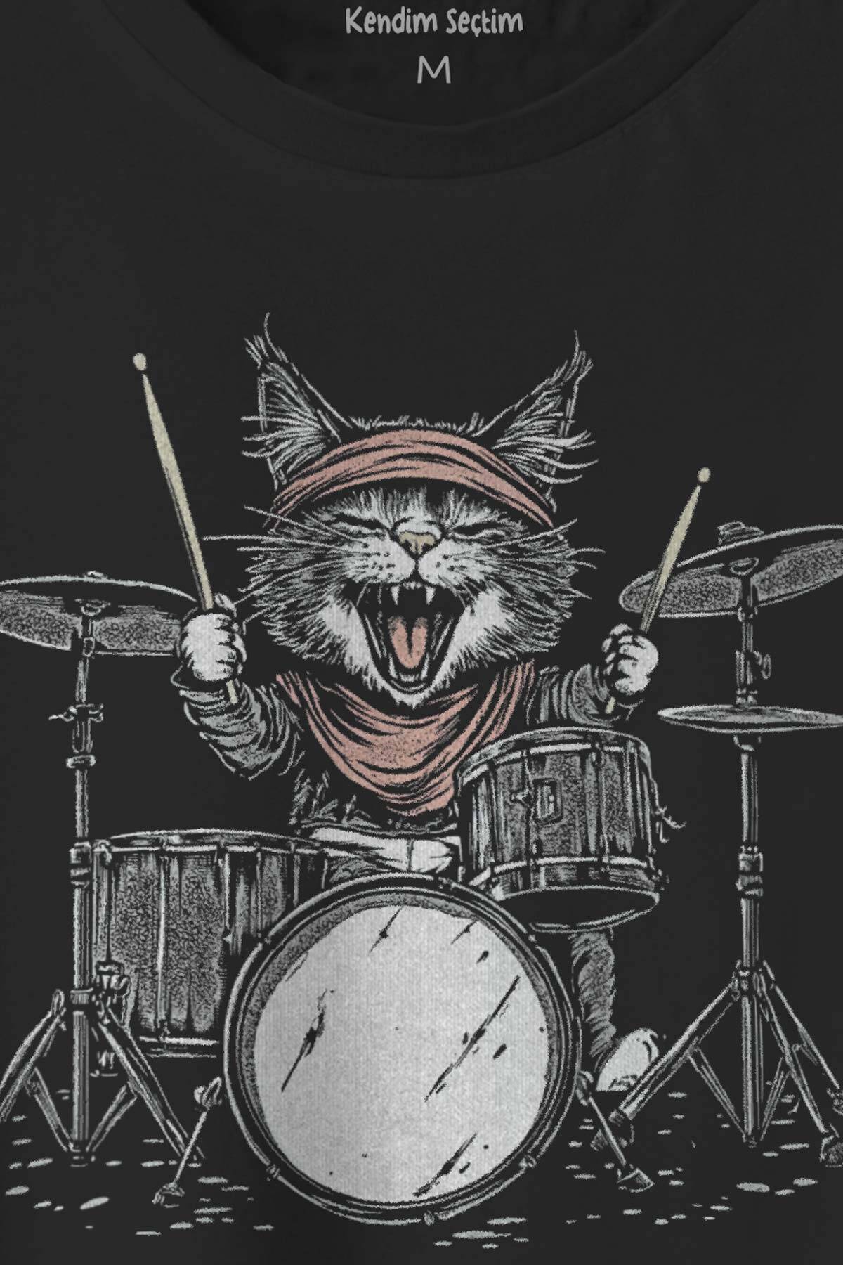 Unisex T-shirt Drummer Cat Kedi Davulcu Müzik Music Drum Cute Baskılı Siyah Tişört - 3