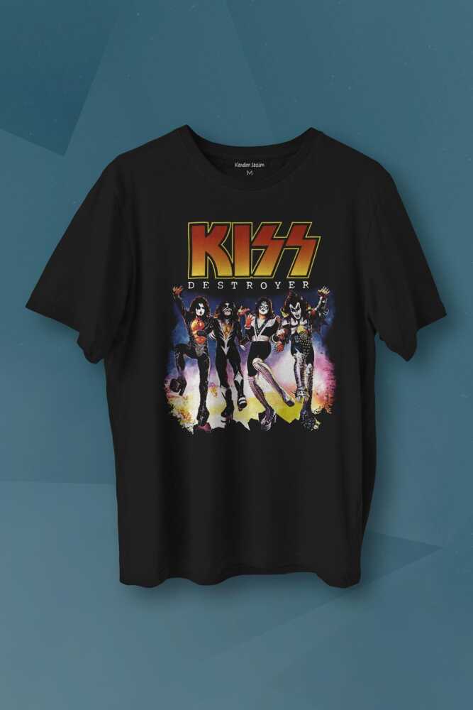 Unisex T-shirt Kiss The Destroyer Rock Music Album Siyah Baskılı Tişört - 1