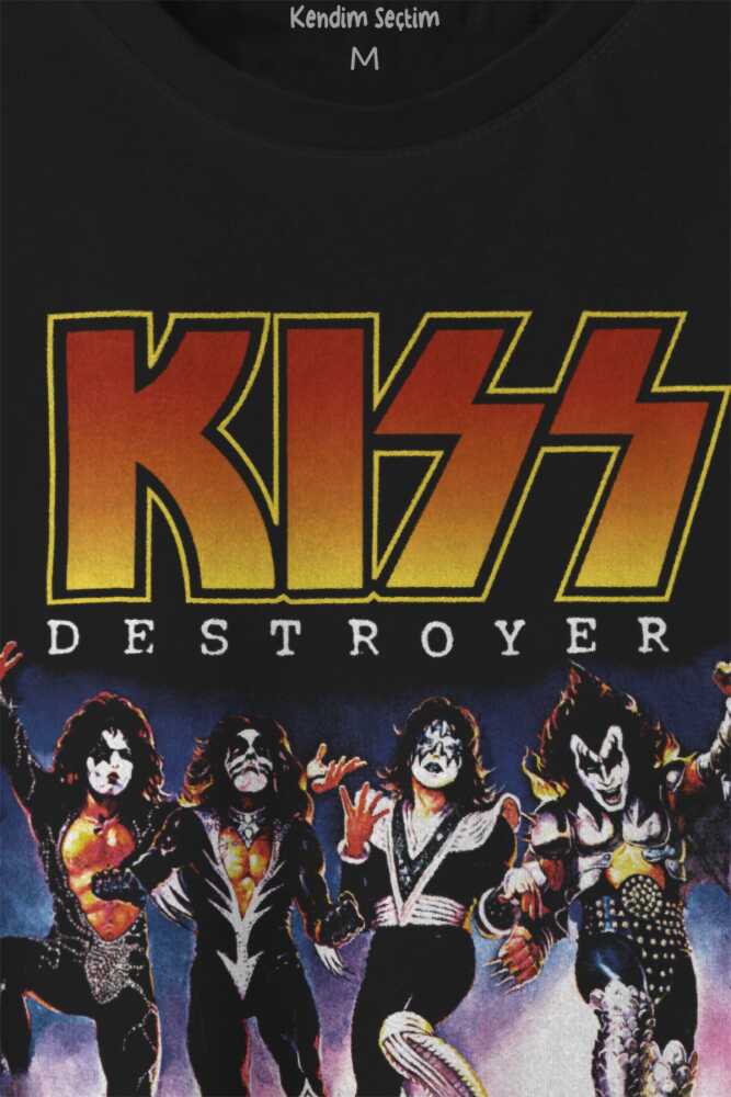 Unisex T-shirt Kiss The Destroyer Rock Music Album Siyah Baskılı Tişört - 2