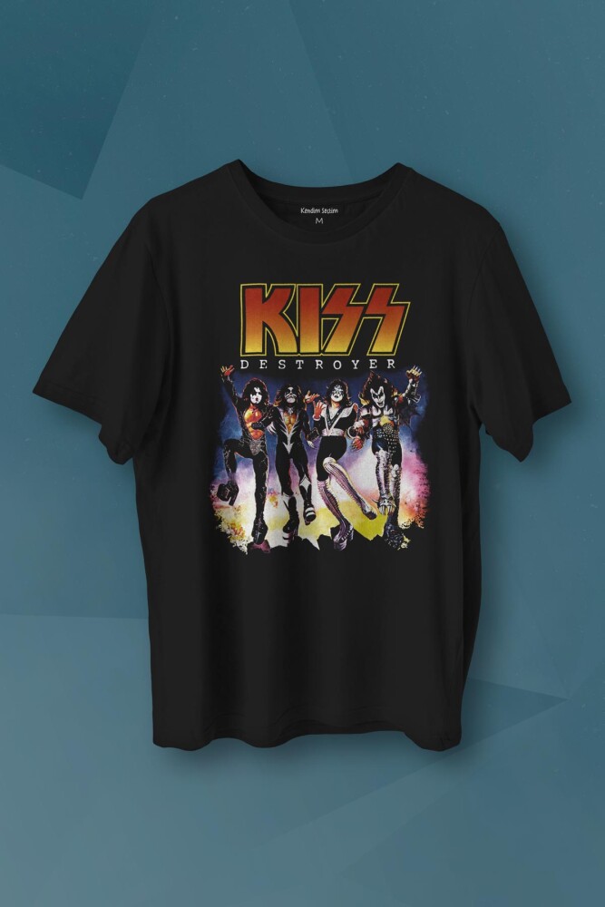 Unisex T-shirt Kiss The Destroyer Rock Music Album Siyah Baskılı Tişört - KENDİM SEÇTİM