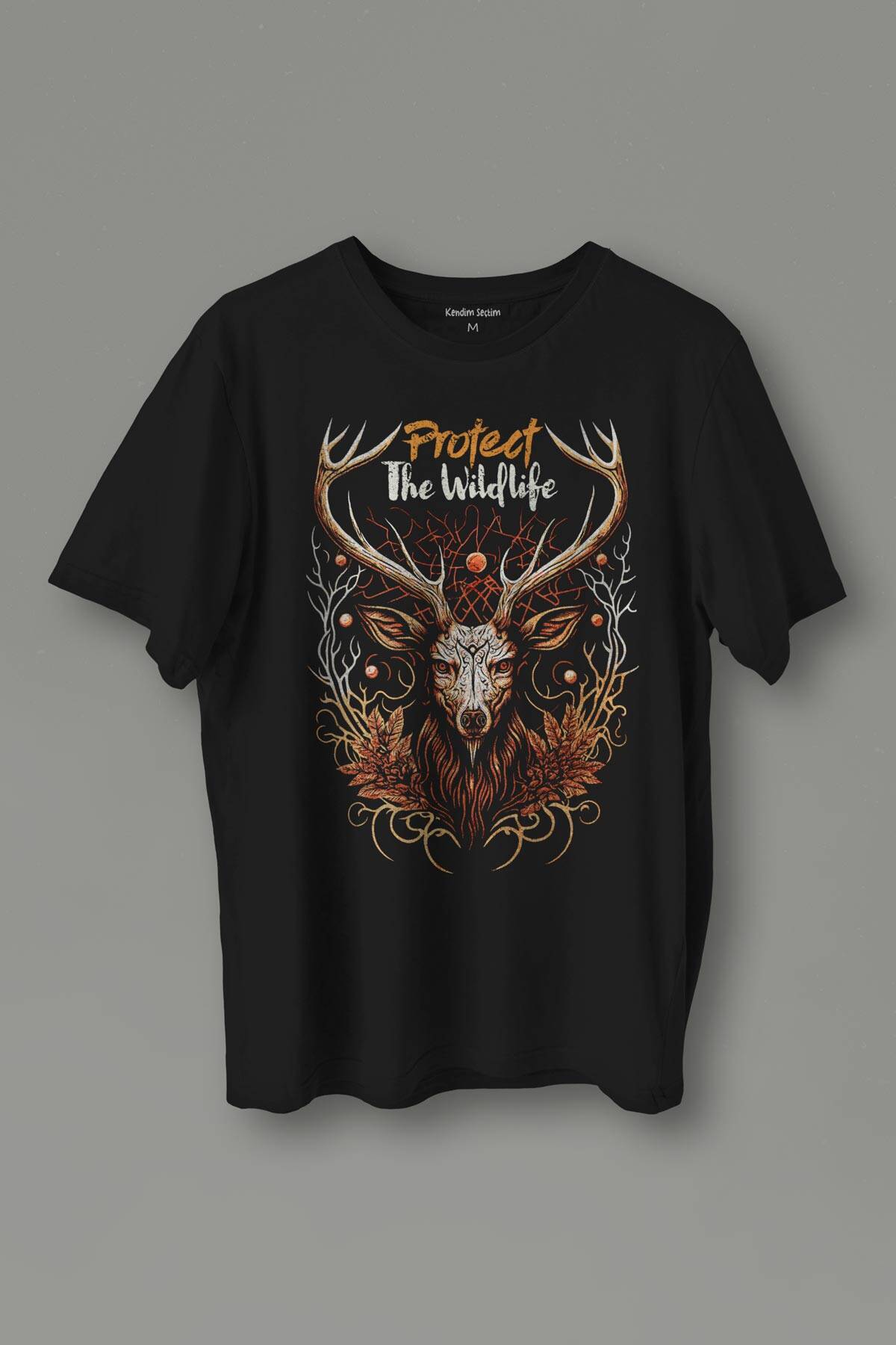 Unisex T-shirt Protect The Wildlife The Deer Nature Outdoor Doğa Geyik Siyah Baskılı Tişört