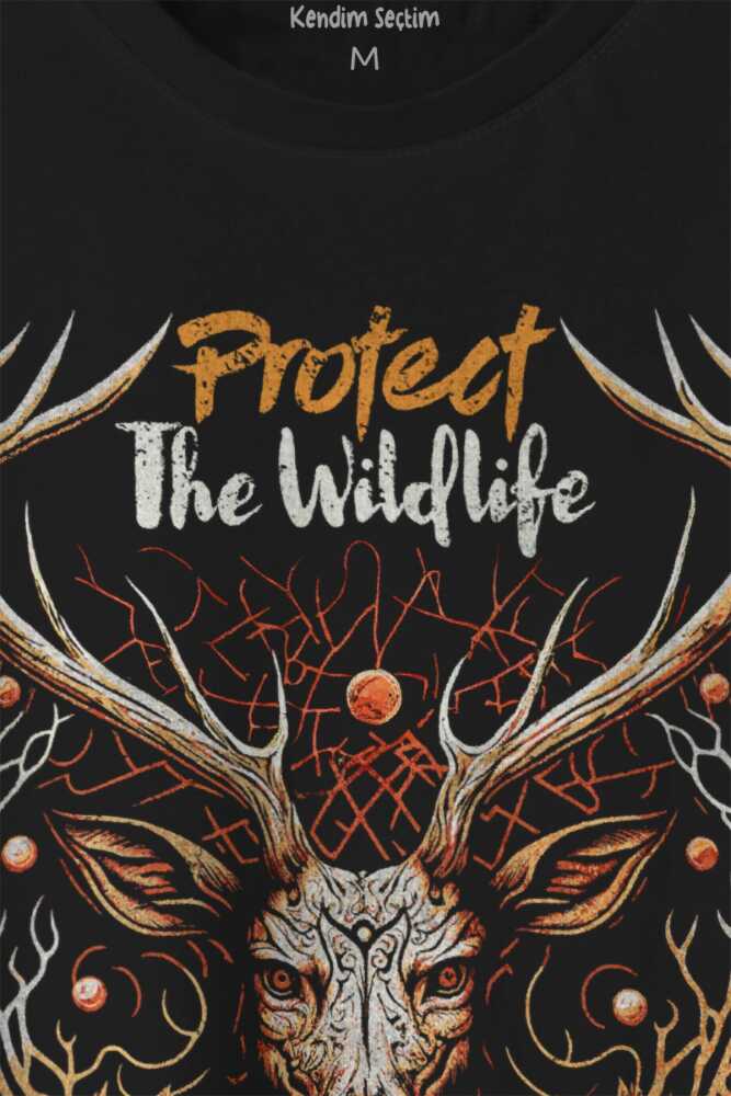 Unisex T-shirt Protect The Wildlife The Deer Nature Outdoor Doğa Geyik Siyah Baskılı Tişört - 2