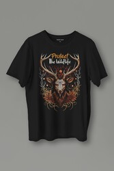 Unisex T-shirt Protect The Wildlife The Deer Nature Outdoor Doğa Geyik Siyah Baskılı Tişört - Thumbnail