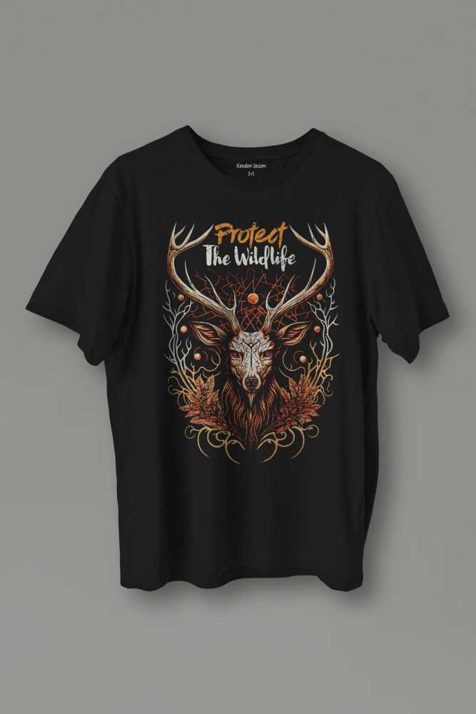 Unisex T-shirt Protect The Wildlife The Deer Nature Outdoor Doğa Geyik Siyah Baskılı Tişört - 1