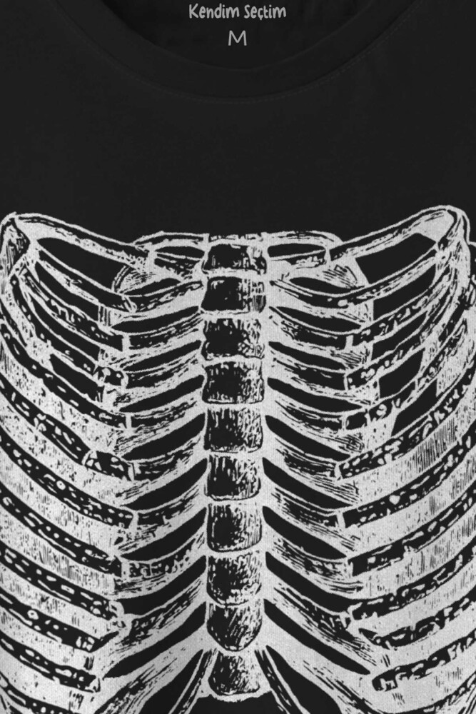 Unisex T-shirt Ripcage Skeleton İskelet Chest X-ray Halloween Siyah Baskılı Tişört (1)