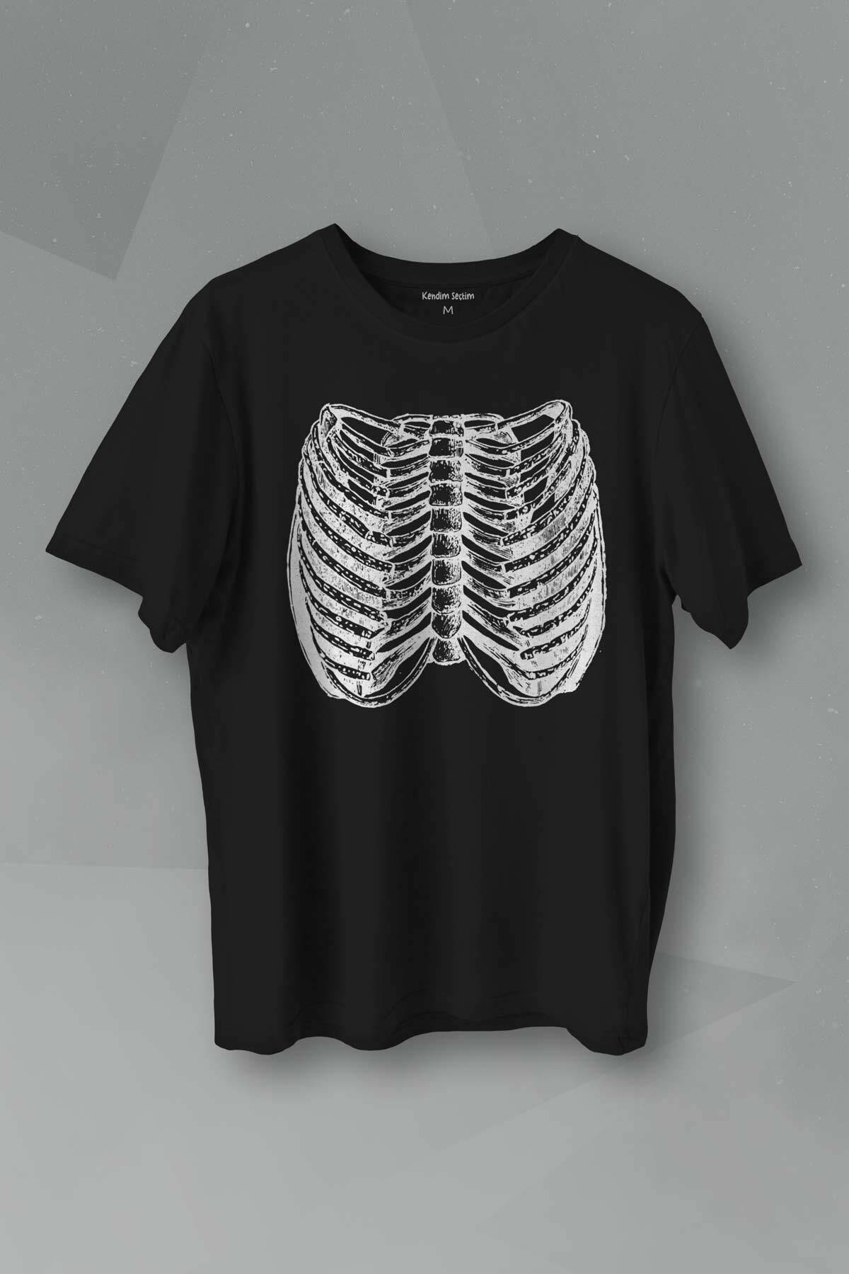 Unisex T-shirt Ripcage Skeleton İskelet Chest X-ray Halloween Siyah Baskılı Tişört - 1
