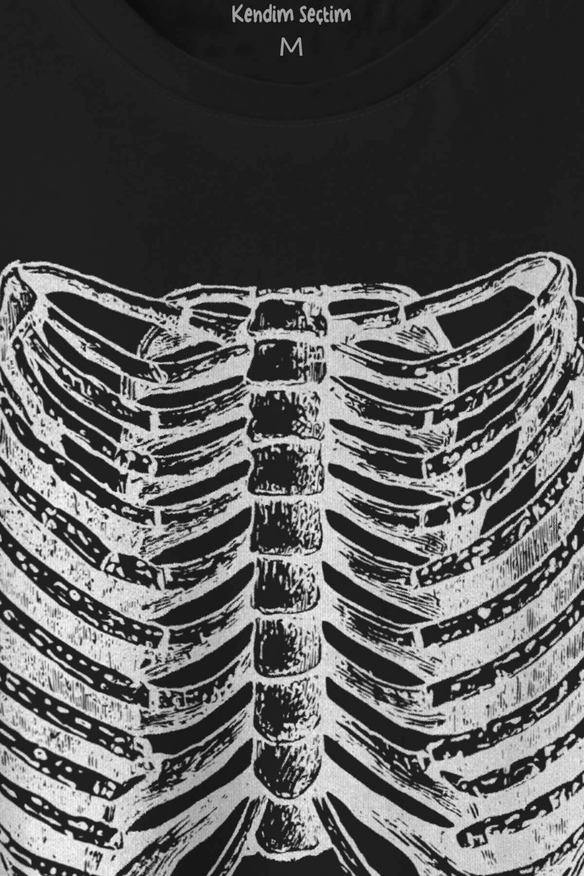 Unisex T-shirt Ripcage Skeleton İskelet Chest X-ray Halloween Siyah Baskılı Tişört - 2