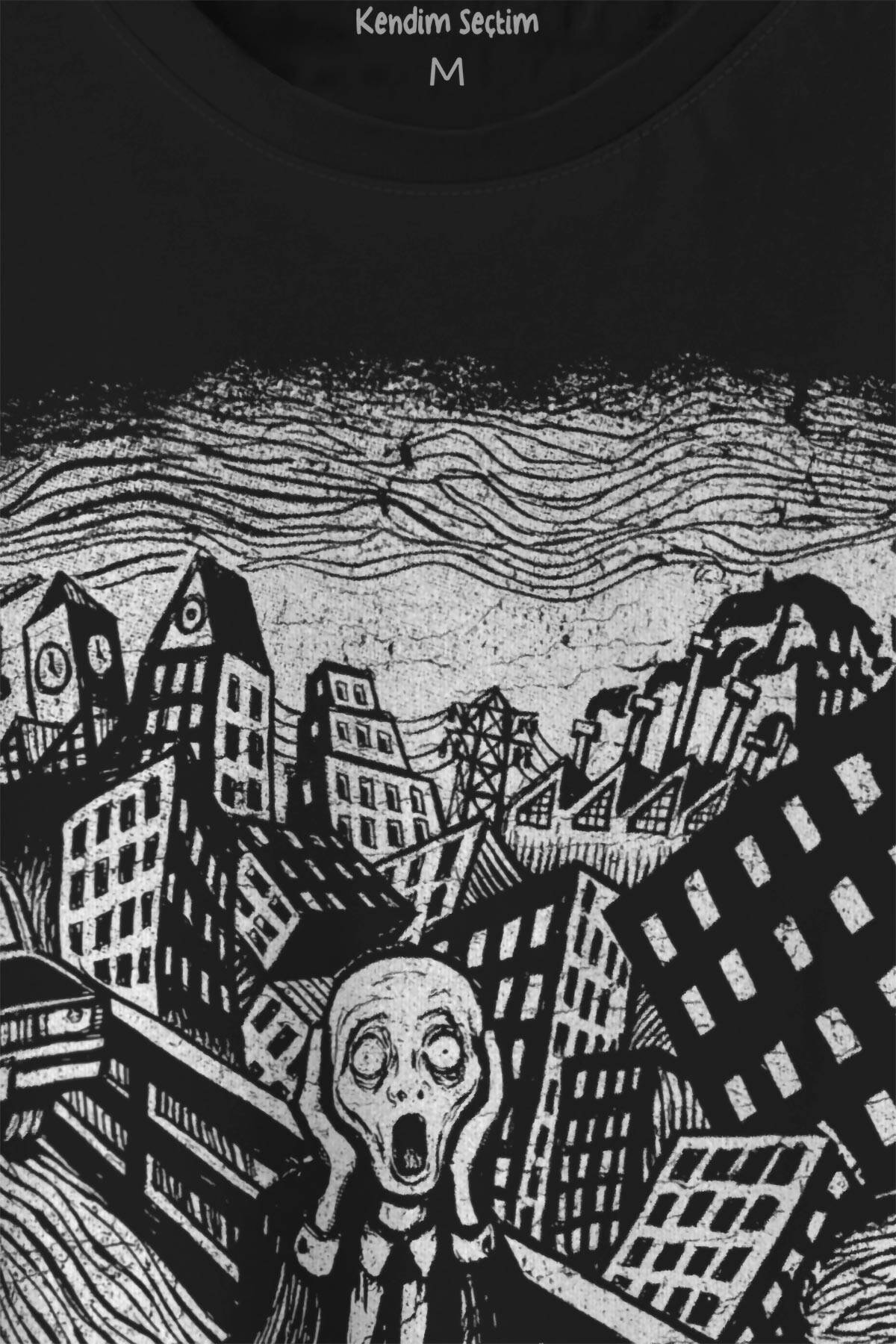 Unisex T-shirt Scream Edward Munch Tablo Korku Ressam Siyah Baskılı Tişört (1)