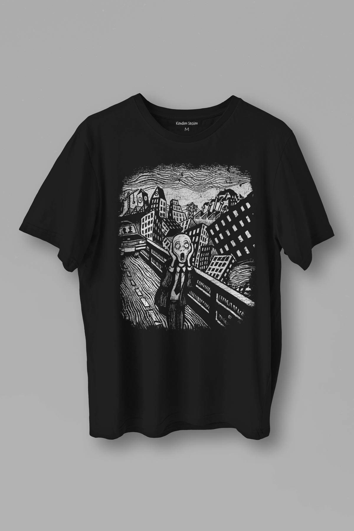 Unisex T-shirt Scream Edward Munch Tablo Korku Ressam Siyah Baskılı Tişört - 1