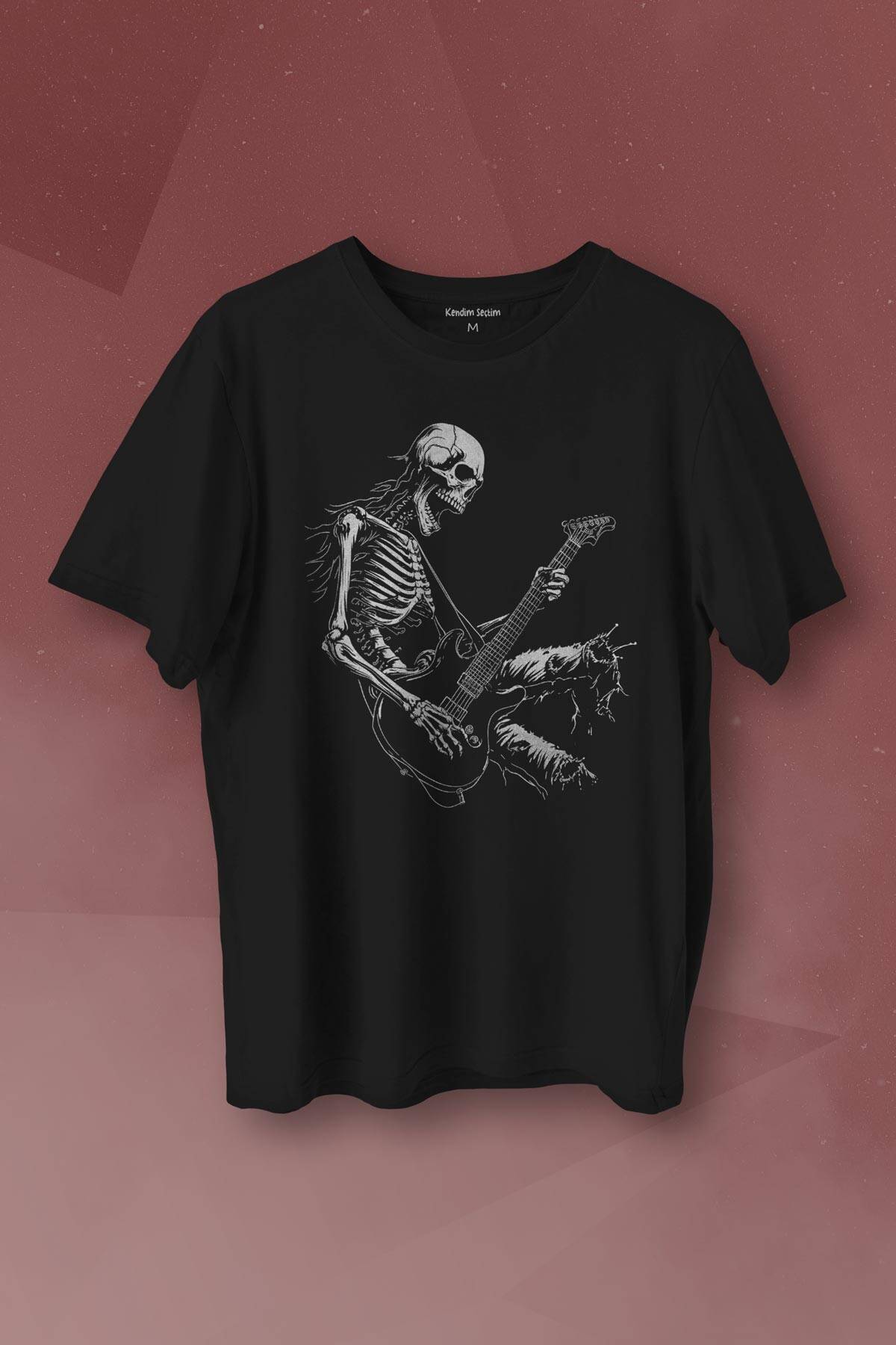 Unisex T-shirt Skeleton Playing Guitar Heavy Metal Skull İskelet Gitar Rock Siyah Baskılı Tişört - 1
