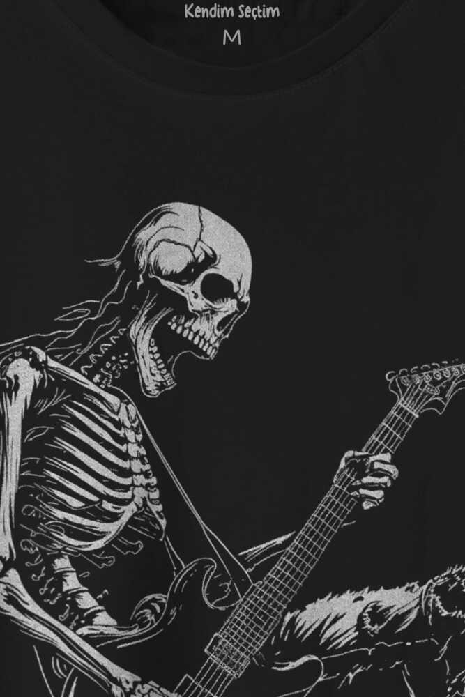 Unisex T-shirt Skeleton Playing Guitar Heavy Metal Skull İskelet Gitar Rock Siyah Baskılı Tişört (1)