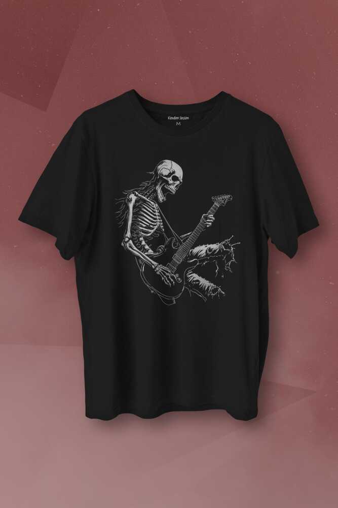 Unisex T-shirt Skeleton Playing Guitar Heavy Metal Skull İskelet Gitar Rock Siyah Baskılı Tişört
