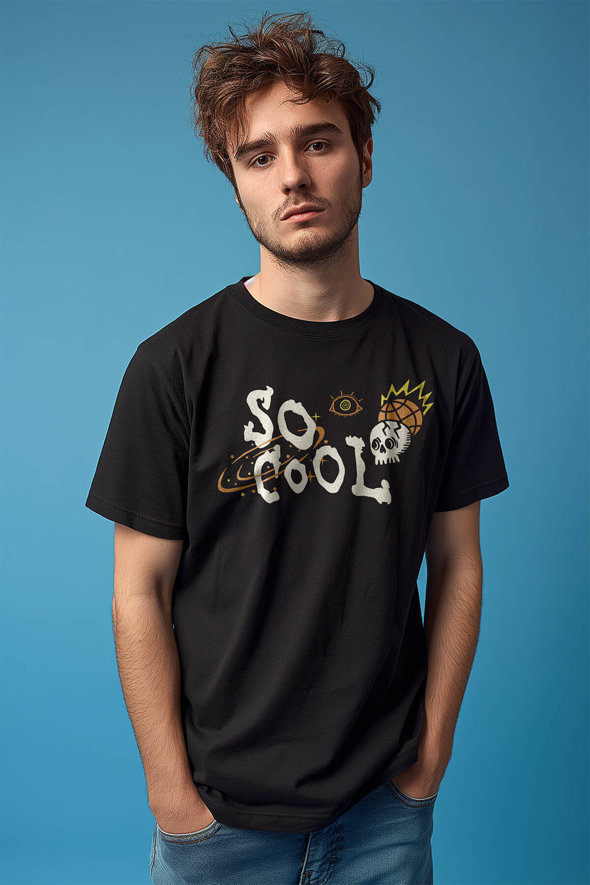 Unisex T-shirt Skull Logo Y2k Kuru Kafa Galaksi Uzay Galaxy Siyah Baskılı Tişört - 1