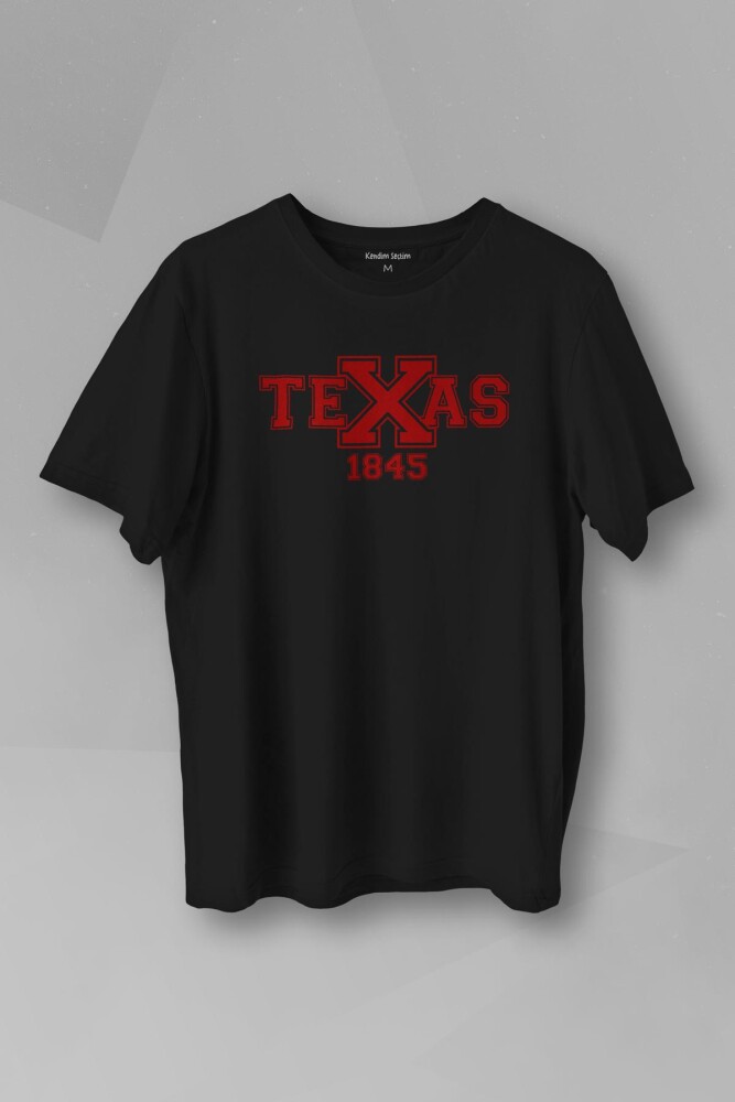 Unisex T-shirt Spor Texas 1845 Collage Yazı  Siyah Baskılı Tişört