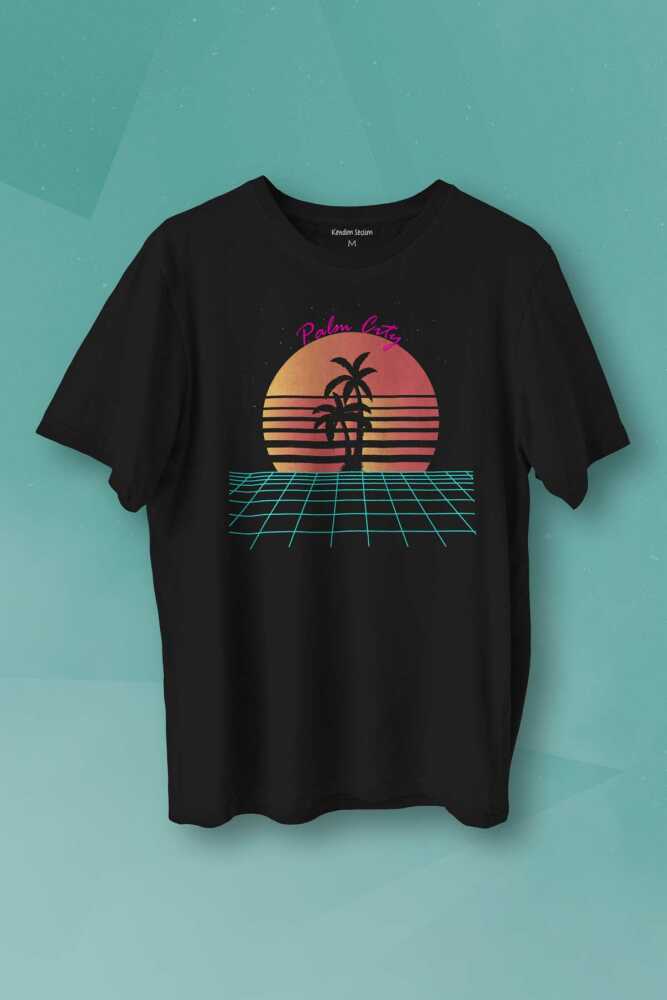 Unisex T-shirt Vaporwave Palm City Retro 80's 90's Doksanlar Gamer Punk Siyah Baskılı Tişört - 1