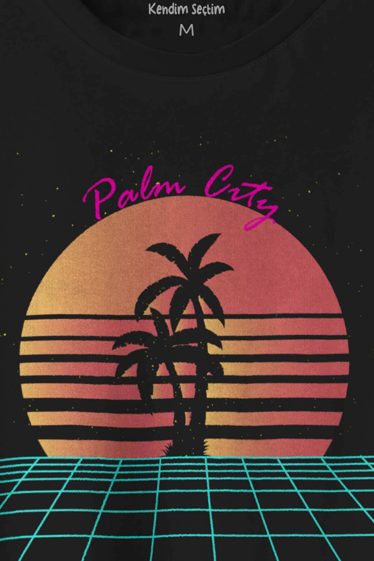 Unisex T-shirt Vaporwave Palm City Retro 80's 90's Doksanlar Gamer Punk Siyah Baskılı Tişört (1)