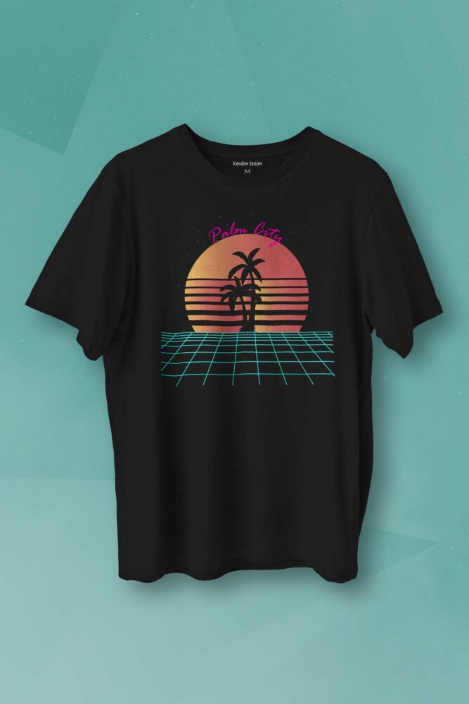 Unisex T-shirt Vaporwave Palm City Retro 80's 90's Doksanlar Gamer Punk Siyah Baskılı Tişört - 1
