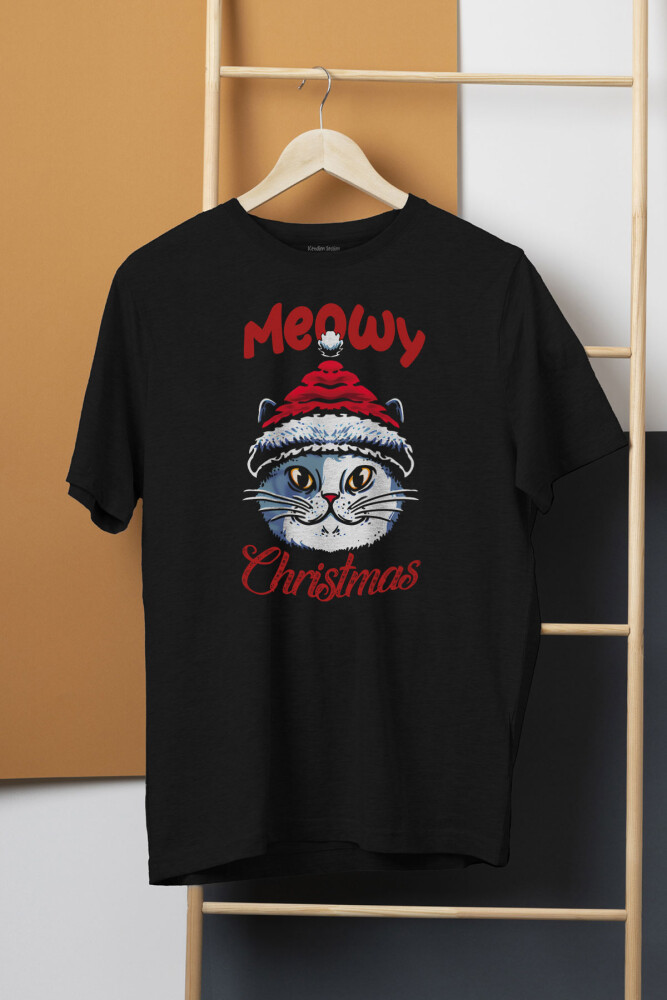 Unisex Tişört Kedi Cat Meow Christmas 2026 Noel New Year Yılbaşı Baskılı T-shirt - KENDİM SEÇTİM