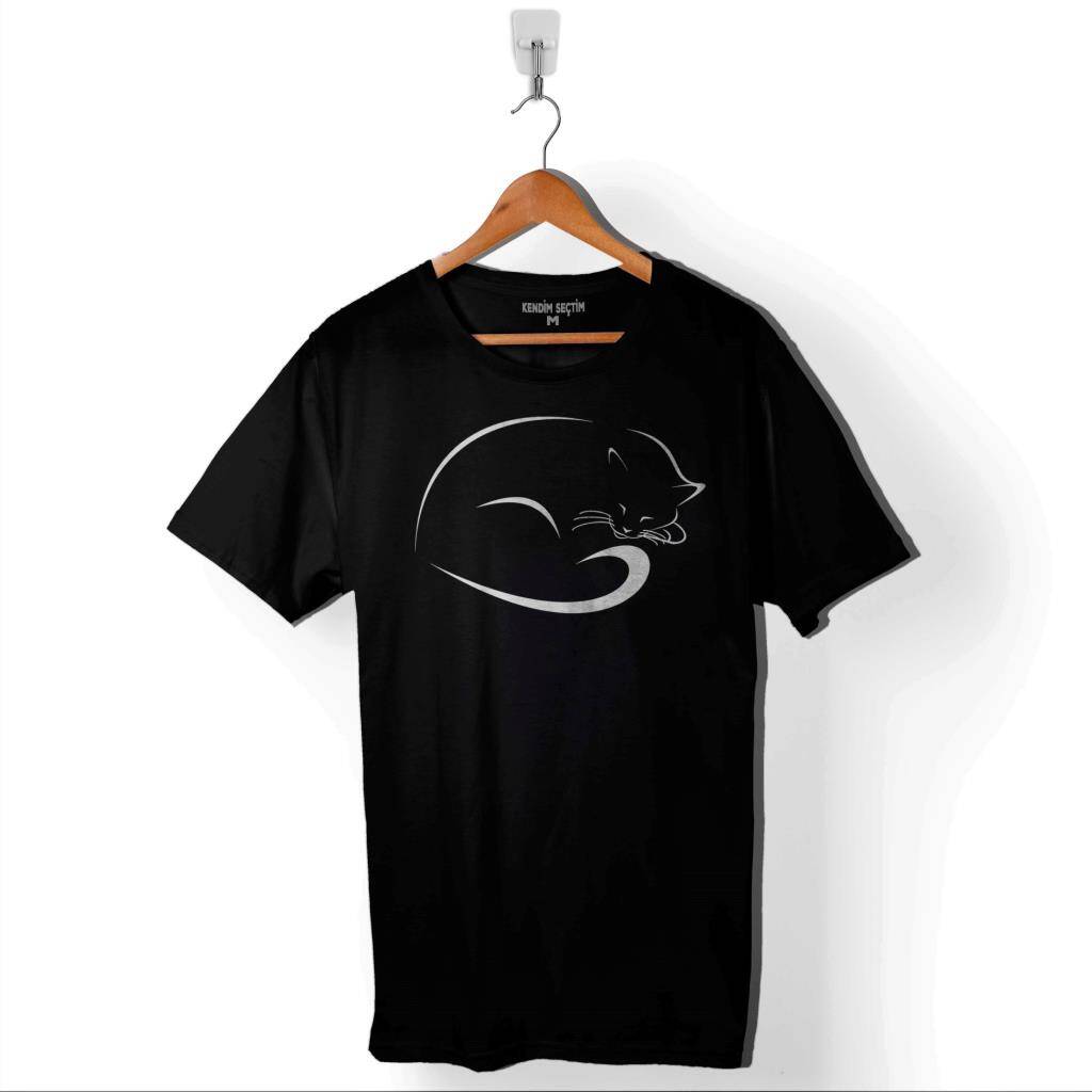 Uyuyan Kara Kedi Sleeping Black Cat Baskılı Tişört Unisex T-Shirt - 1