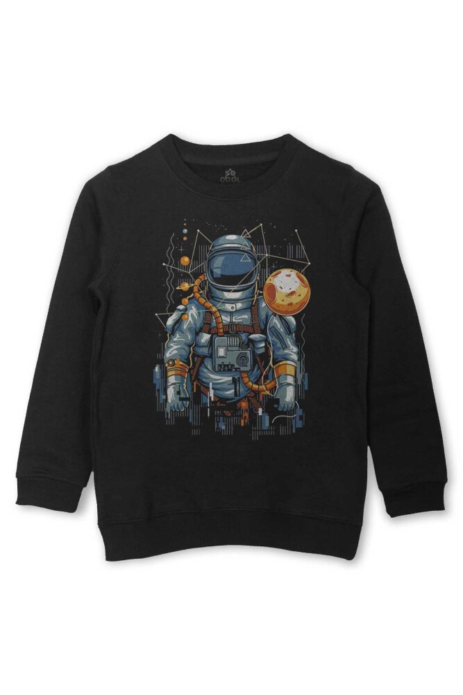 Uzay Gemisinde Yolculuk Eden Astronot Cosmos Göktaşı Baskılı Çocuk Sweatshirt Siyah Sweat - So Cool