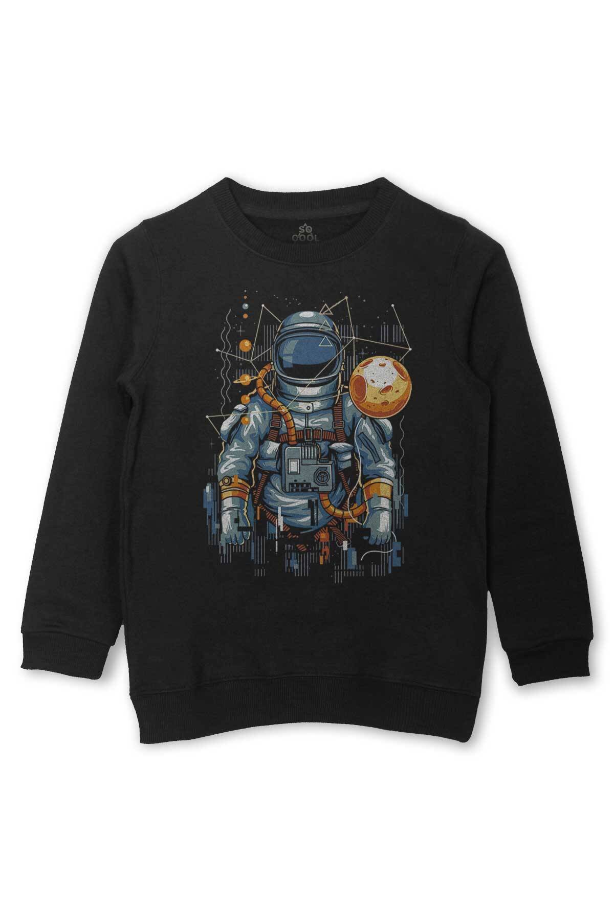 Uzay Gemisinde Yolculuk Eden Astronot Cosmos Göktaşı Baskılı Çocuk Sweatshirt Siyah Sweat - 1