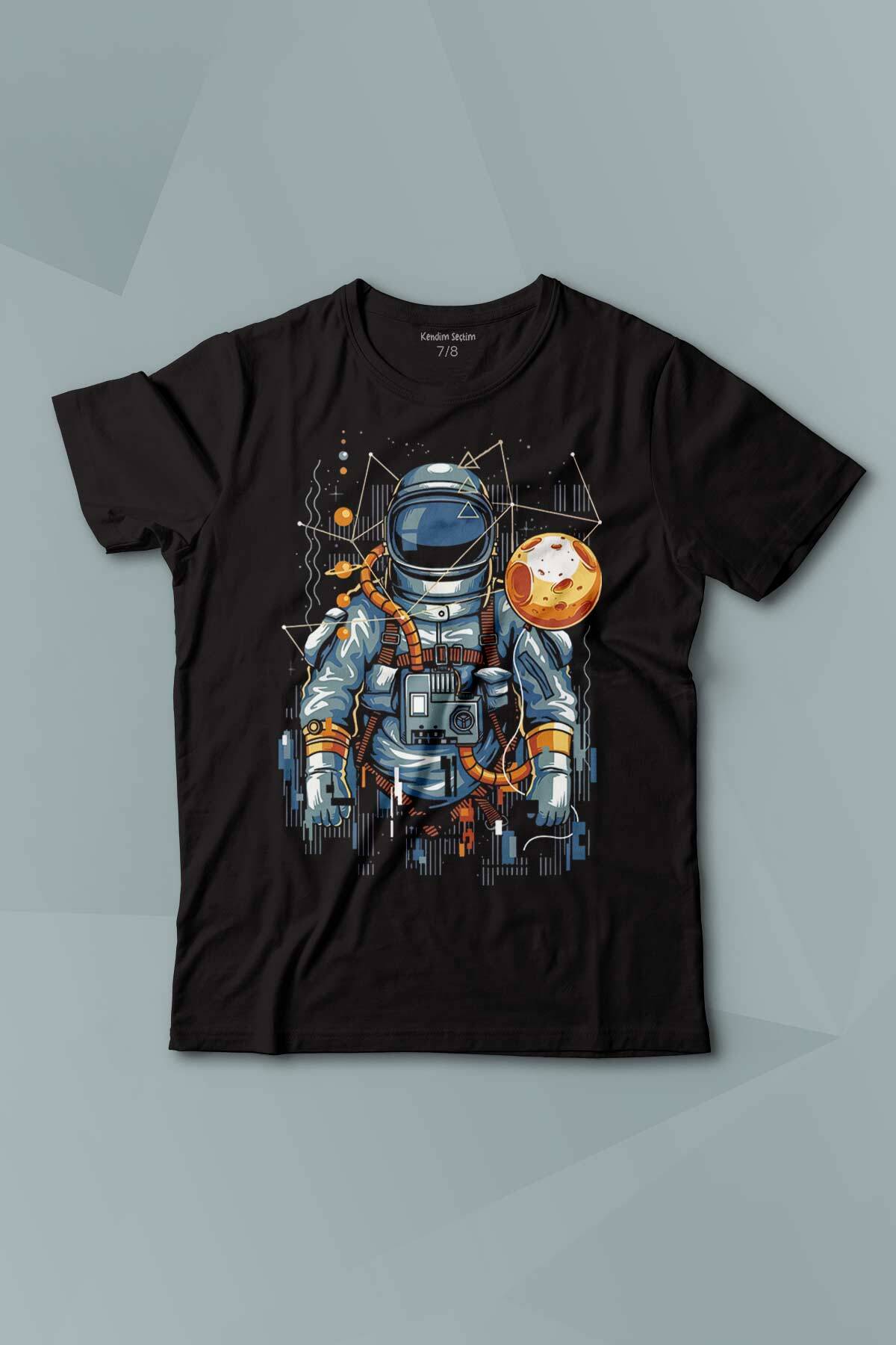 Uzay Gemisinde Yolculuk Eden Astronot Cosmos Göktaşı Baskılı Çocuk Tişört Kısa Kollu - 1