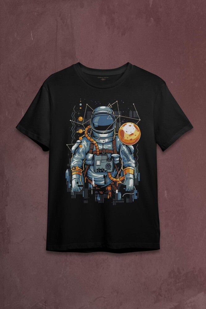 Uzay Gemisinde Yolculuk Eden Astronot Cosmos Göktaşı Baskılı Tişört Unisex T-shirt - 1