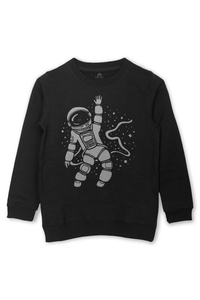 Uzayda El Sallayan Astronot Cosmos Baskılı Çocuk Sweatshirt Siyah Sweat - So Cool