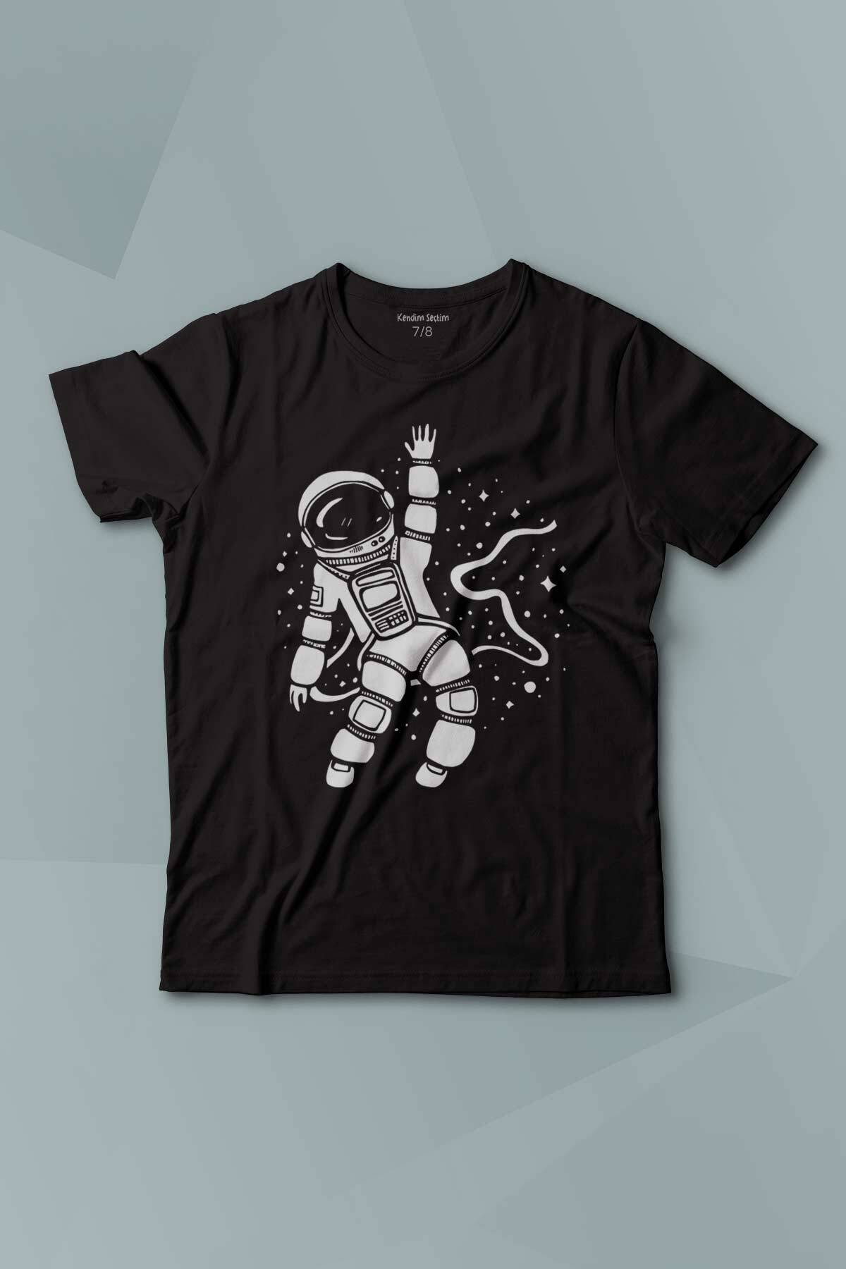 Uzayda El Sallayan Astronot Cosmos Baskılı Çocuk Tişört Kısa Kollu - 1