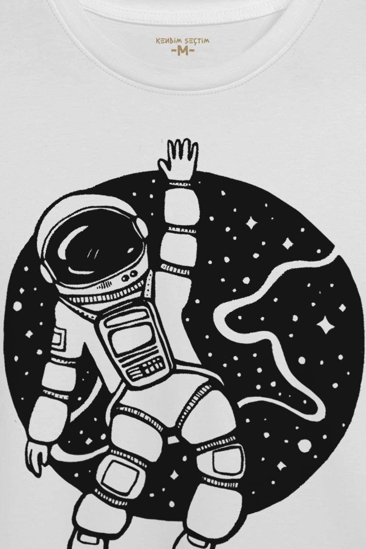 Uzayda El Sallayan Astronot Cosmos Baskılı Tişört Unisex T-shirt (1)