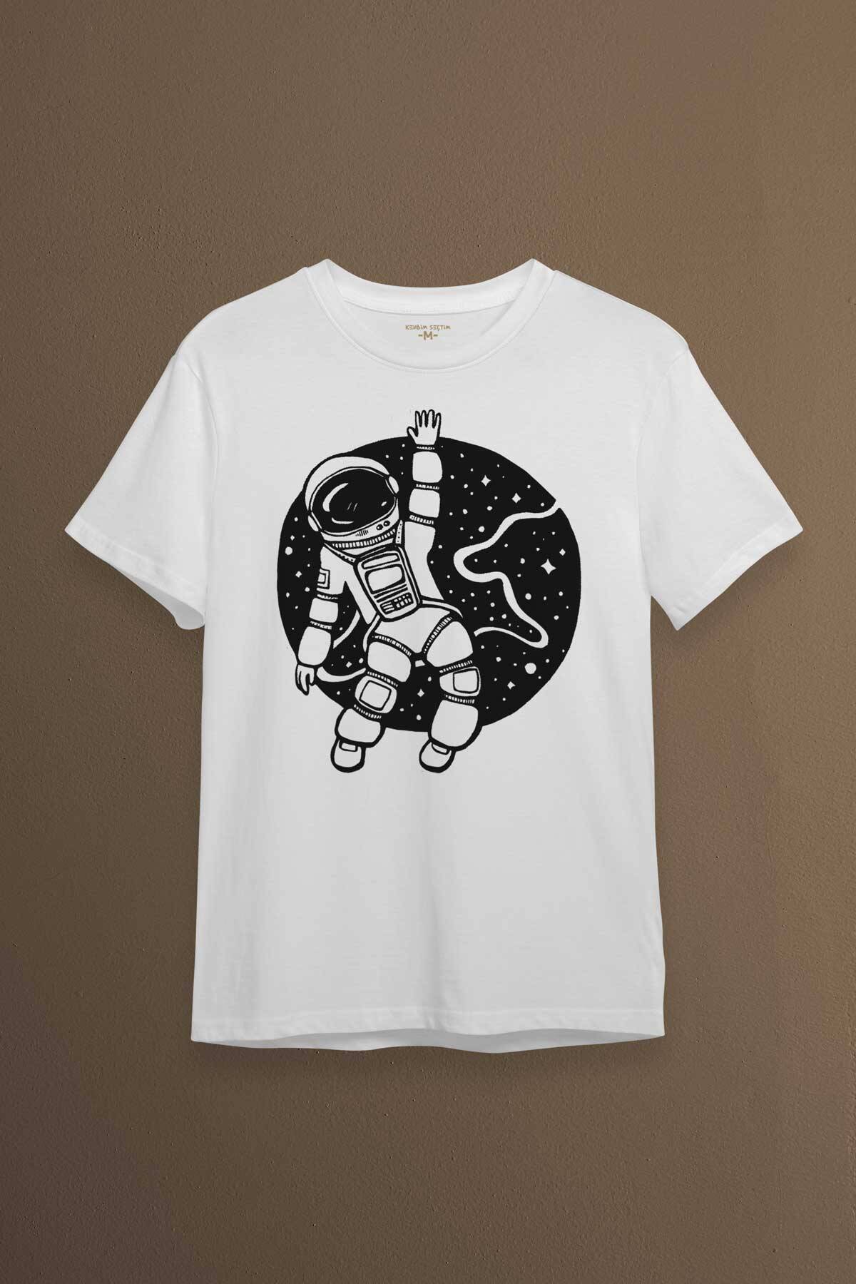 Uzayda El Sallayan Astronot Cosmos Baskılı Tişört Unisex T-shirt - 1
