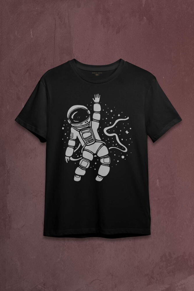 Uzayda El Sallayan Astronot Cosmos Baskılı Tişört Unisex T-shirt - 1