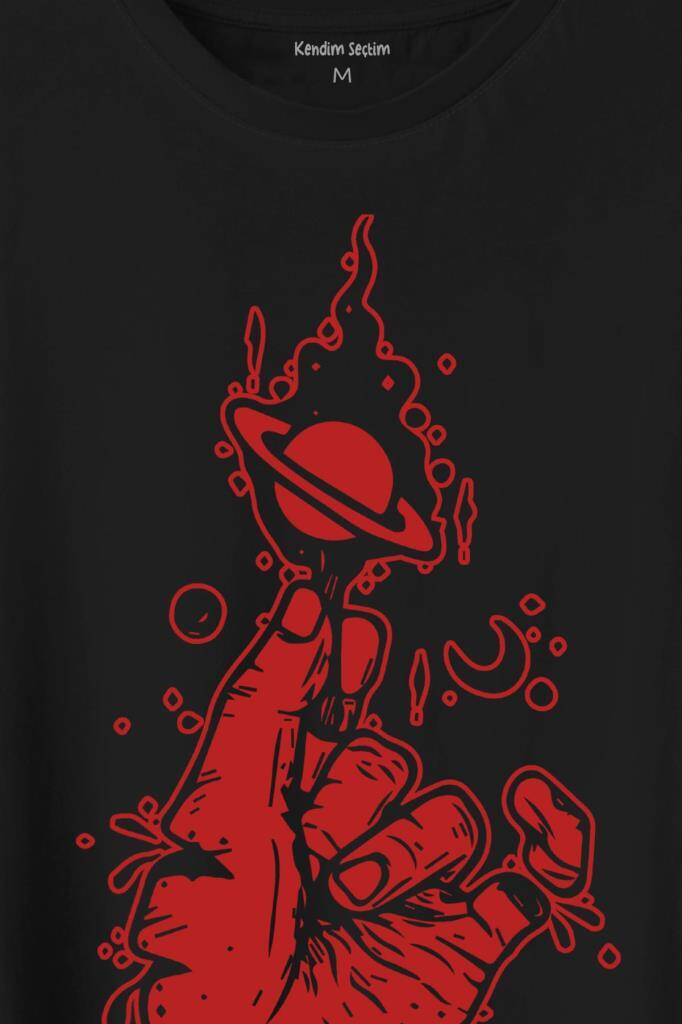 Uzayda El Satürn Halkaları Çizimli Lolipop Hellfire Ateş Baskılı Tişört Unisex T-Shirt (1)