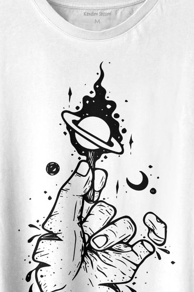 Uzayda El Satürn Halkaları Çizimli Lolipop Hellfire Ateş Baskılı Tişört Unisex T-shirt (1)