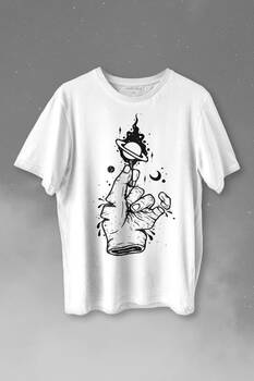 Uzayda El Satürn Halkaları Çizimli Lolipop Hellfire Ateş Baskılı Tişört Unisex T-shirt - 1
