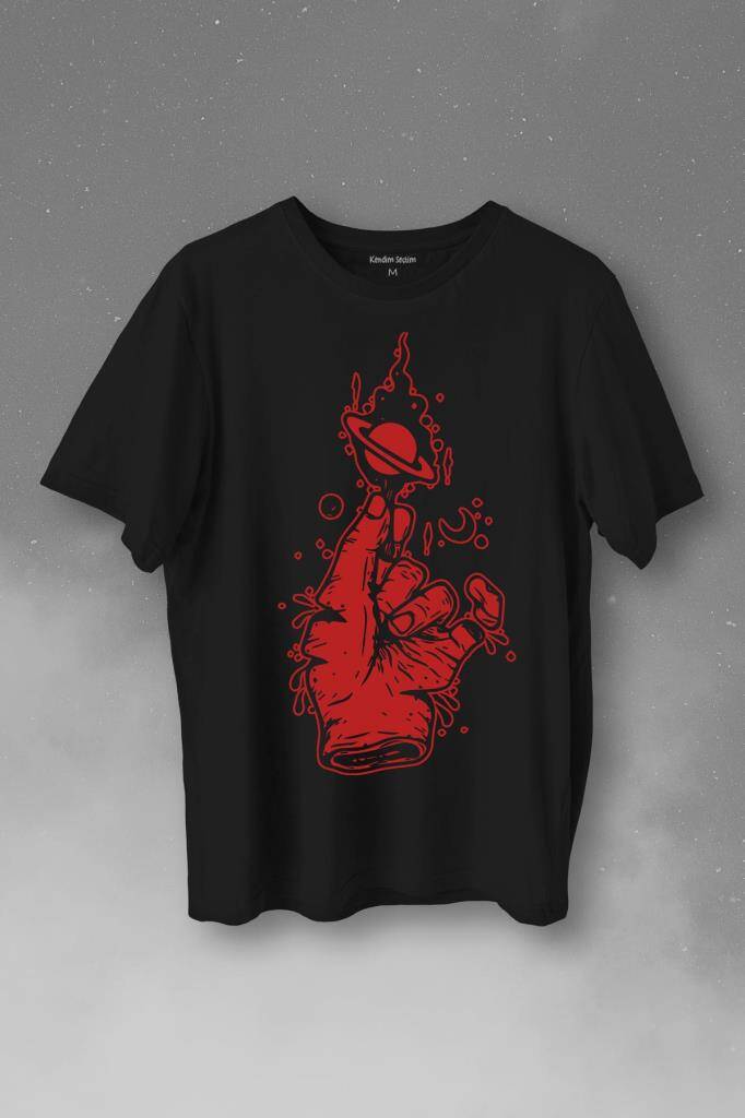 Uzayda El Satürn Halkaları Çizimli Lolipop Hellfire Ateş Baskılı Tişört Unisex T-Shirt - 1