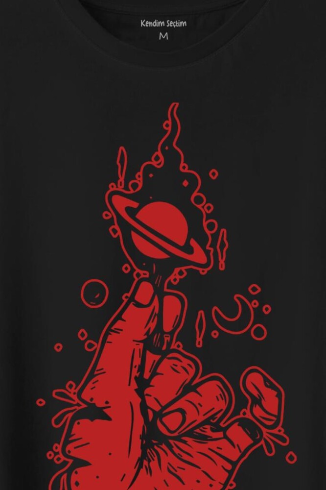 Uzayda El Satürn Halkaları Çizimli Lolipop Hellfire Ateş Baskılı Tişört Unisex T-Shirt (1)