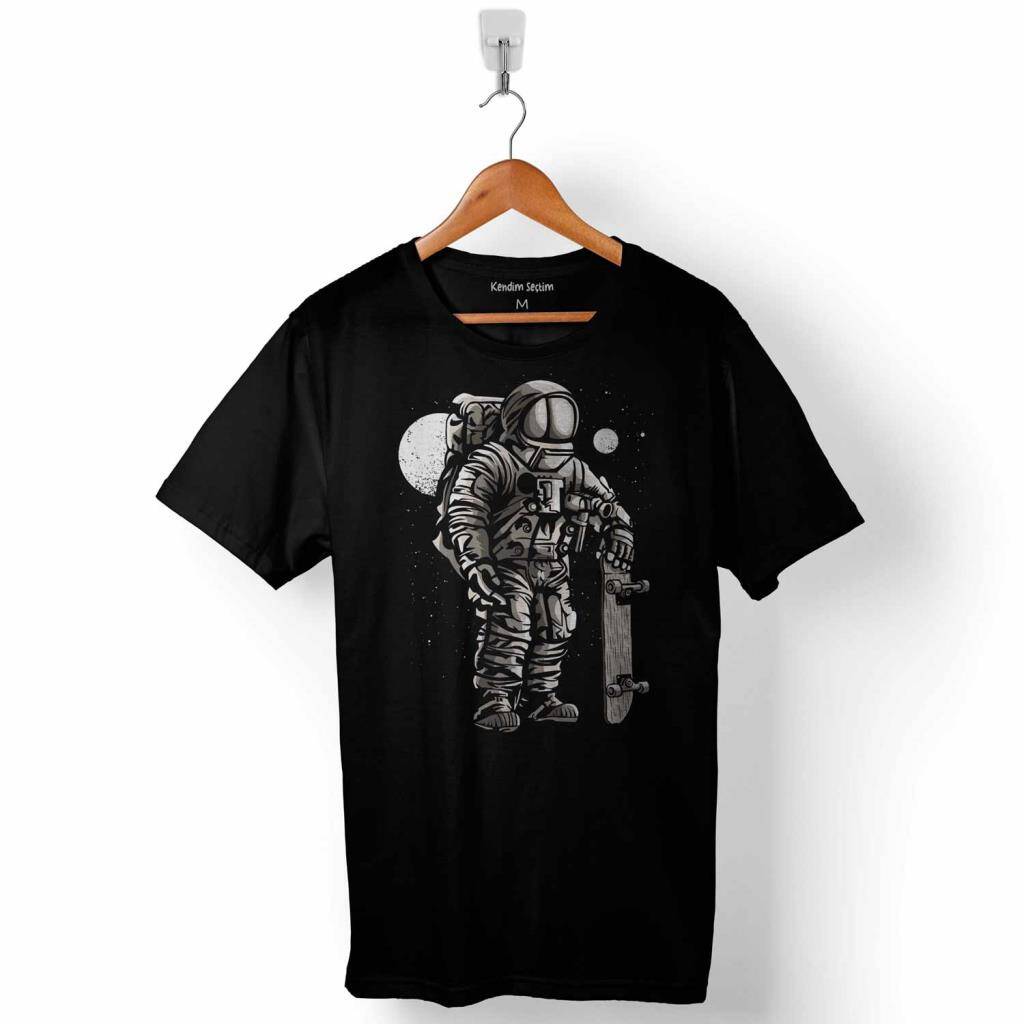 Uzayda Kaykay Astronot Ay Nasa Uzay Cosmos Baskılı Tişört Unisex T-Shirt - 1